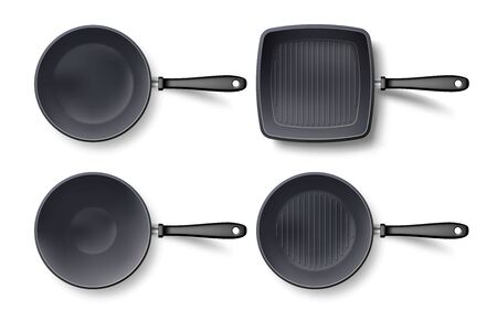 3d empty frying pan set top view, isolated on white. Realistic grill and wok black pan template. Vector illustrationのイラスト素材