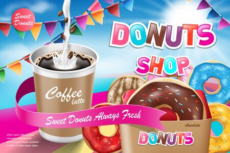 Delicious donut ads with latte coffee. Advertising for bakery shop or cafe. Chocolate donuts on blue background. Vector illustrationのイラスト素材
