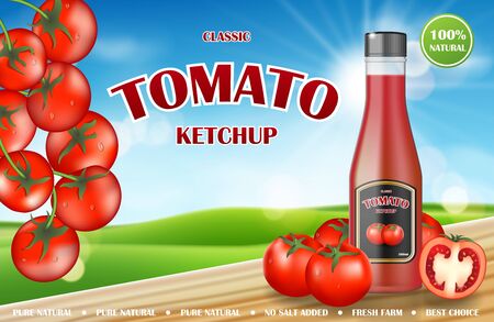 Tomato ketchup ads. Realistic ketchup bottle mockup with fresh tomatoes on countryside sunny background. Sauce promo banner. 3d vector illustrationのイラスト素材