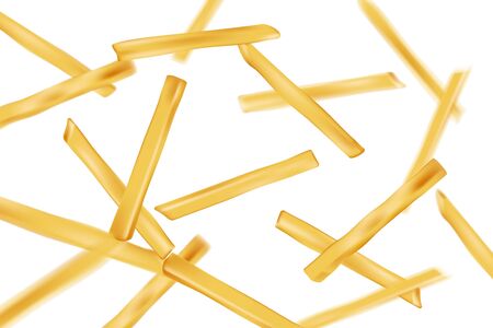 Falling realistic French fries background. Fast food banner. Flying french fries potatoes with bokeh effect isolated on white. vector illustration EPS 10のイラスト素材