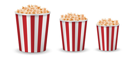 Realistic popcorn mockup isolated. Vector red striped pop corn box side view. vector illustrationのイラスト素材
