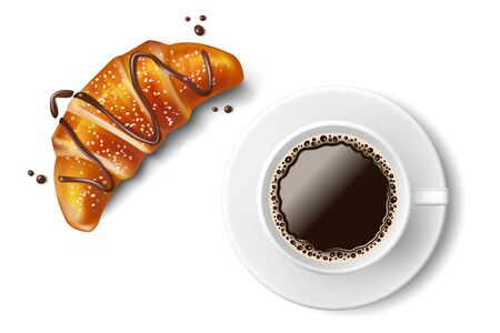 Croissant with coffee cup isolated. Realistic traditional french Croissant with chocolate. Sweet dessert product for breakfast or lunch. Vector illustration.のイラスト素材