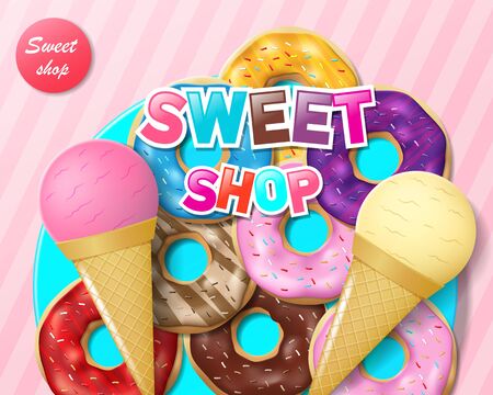 Advertising for sweet bakery or candy shop and cafe. Donuts and ice cream on blue plate. Colorful sweet candy shop ads. Poster for children s birthday party. Vectorのイラスト素材