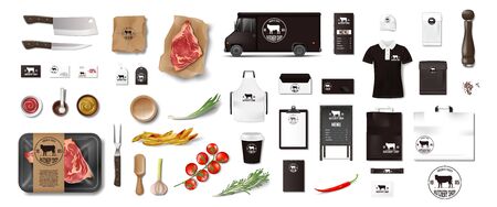 Variety of food in the butcher shop. Restaurant Brand Identity mockup set isolated. Branding packaging elements for meat shop, cafe or steak house. supermarket food in pack. Vectorのイラスト素材