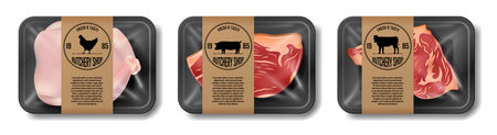 Relistic meat packaging of beef, pork and chicken. Set of supermarket meat package isolated on white. Beef and pork steak. vector illustrationのイラスト素材