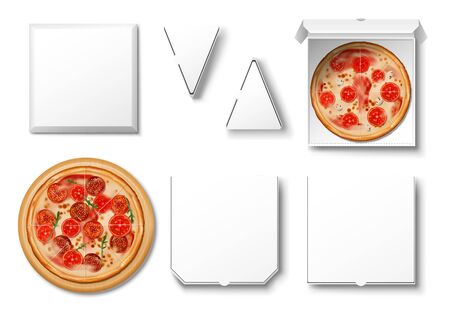 Realistic blank white pizza cardboard box mockup isolated. Empty and with pizza slice box template for your design. Package paper cardboard set, top view. vector illustrationのイラスト素材
