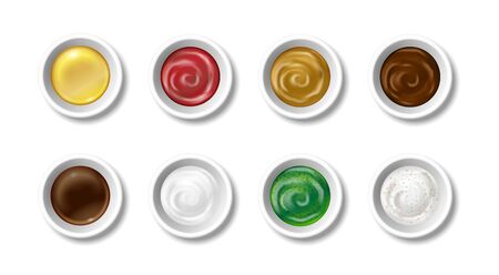 Set of realistic sauces in caps. Olive oil, soy sauce, pesto, mayonnaise, mustard, chocolate and tomato ketchup. Ceramic caps top view. Ingredients for salads and cooking food isolated. Vectorのイラスト素材