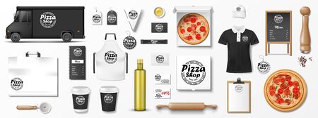 Mockup set for pizzeria, cafe or restaurant. Realistic branding set of pizzeria delivery truck, uniform, pizza box, menu, cardboard package. Pizza mockup elements for presention and advertisingのイラスト素材