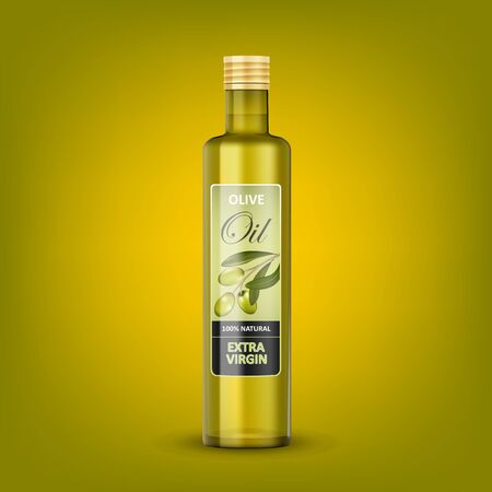 Glass transparent olive oil bottle mockup isolated. Green olive oil package design. Vector 3d illustrationのイラスト素材
