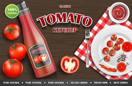 Tomato ketchup ad. Realistic ketchup sauce bottle with tomato and plate on wooden background. vector illustrationのイラスト素材