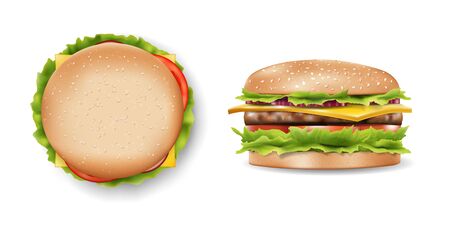 Burger mockup for your design, delicious hamburger side and top view. Realistic burger with refreshing ingredients. 3d Vector illustrationのイラスト素材