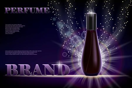 Cosmetic products ad. Perfume bottle container on dark shiny background for your brand. Transparent and shine perfume Vector 3d illustrationのイラスト素材