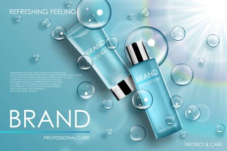 Moisture cosmetic tubes banner ads. Skin care cosmetic product bottles with soap bubbles. Lotion, perfume packing with waterdrop effect design. Realistic 3d vector illustrationのイラスト素材