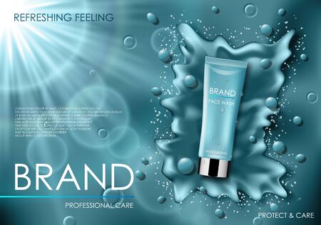 Realistic face cosmetic moisture serum ads. Cosmetic cleansing product with splash background with drops. Skincare Facial Cream For your design. 3d Vector illustrationのイラスト素材