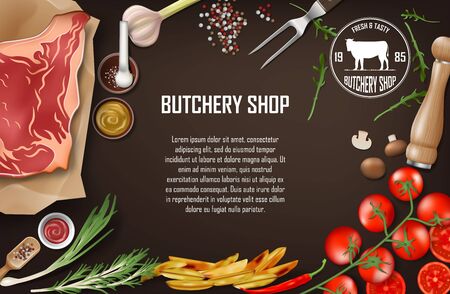 Meat Banner for restaurant or butcher shop. Fresh meat steak with tomatoes, potato wedges, sause, chili pepper, garlic and olive oil on dark background. Vector illustrationのイラスト素材