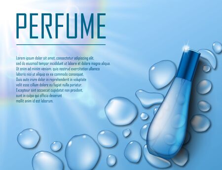 Cosmetic products ad. Blue water drops background with beautiful perfume container for your brand. Transparent and shine perfume Vector 3d illustrationのイラスト素材