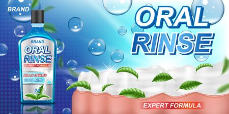 Fresh mint mouth rinse ads, mouthwash product with mint leaves for dental care poster.のイラスト素材