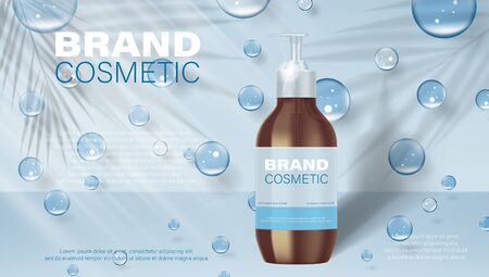 Liquid hand wash ads, cosmetic product package design for poster advertising. Dispenser clean bottle with transparent bubbles on soft blue background in 3d illustrationのイラスト素材