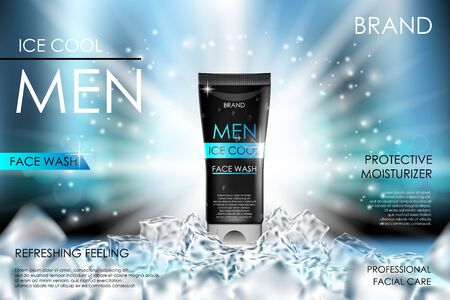 Cooling men face wash with ice cubes. Realistic cool refreshing bottle packaging ad for poster. Skin care product design. 3d vector illustrationのイラスト素材