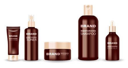 Blank luxury cosmetic tubes on white background. Brown and soft pastel colors. Branding cosmetic containers isolated. Hand cream, shampoo, liquid soap, spray, lotion. Vectorのイラスト素材