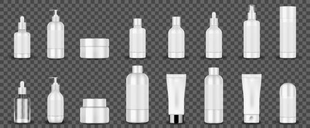 Blank white cosmetic tubes on transparent background. White cosmetic containers hand cream, shampoo, perfume, liquid soap, spray, lotion bottle. Vectorのイラスト素材