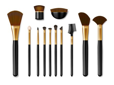 Set of Professional golden make up brushes isolated. Realistic cosmetic Powder Blush, Eye Shadow, Brush, eye shadow, foundation. Vector illustrationのイラスト素材