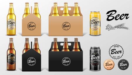 Realistic set of glass Beer bottle and Tin Can in paper packaging box isolated. Beer template Mockup for restaurant or Bar. Vector illustration.のイラスト素材