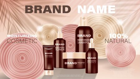 Cosmetic cream, shampoo, liquid soap, spray, lotion bottle ads. Cosmetic product package design for poster advertising. Elegant banner with soft flowers. 3d illustrationのイラスト素材