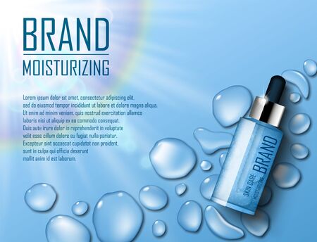 Cosmetic Moisture product. Ads of premium serum essence for skin care with soap bubbles and waterdrop. Template for design poster, presentation, banners, cover. 3d vector illustration.のイラスト素材