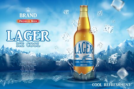 Lager light beer ads. Realistic premium beer in glass bottle on ice cubes and snow mountain background. 3d Vector illustrationのイラスト素材