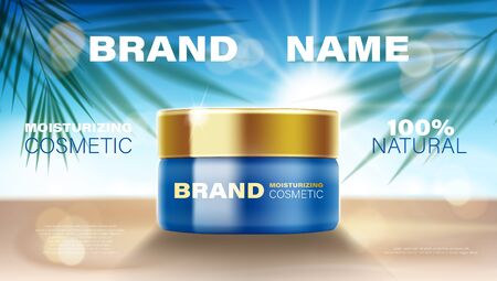 Summer cosmetic face cream ads with bottle product on bokeh beach and palm leaves elements background. Natural skin care product design package. 3d Vector illustrationのイラスト素材