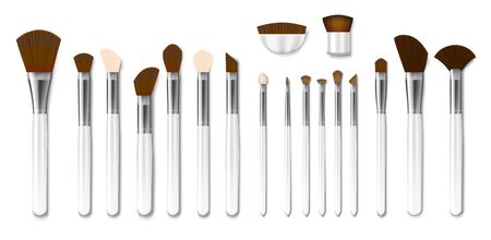 Set of Professional white makeup brushes isolated. Realistic Powder Blush, Eye Shadow, Brush or Brow. 3d Vector illustrationのイラスト素材