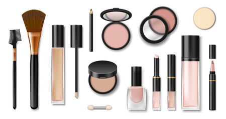 Set of realistic cosmetic makeup products. Blank template of containers for face cosmetic, eyeshadow, lipstick, brush, powder, nail polish and mascara. Vectorのイラスト素材
