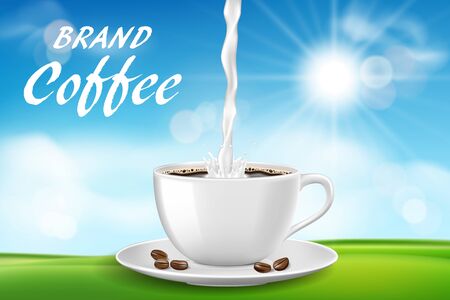 Cup of cappuccino coffee composition with sunny morning and green grass design. Black coffee cup with milk splash and beans ad. vector illustration EPS 10のイラスト素材