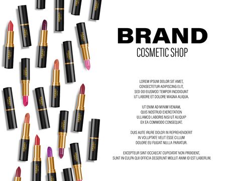 Beauty colorful lipstick ads. Lipstick top view for cosmetic poster mockup. 3d Vector illustrationのイラスト素材