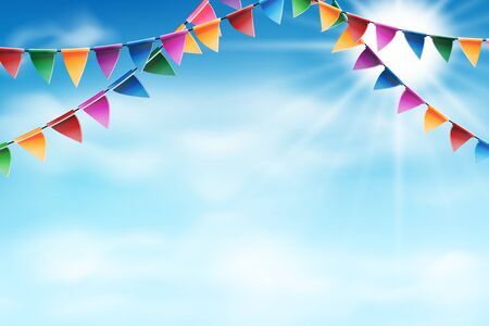 Celebrate banner on Sunny blue sky with clouds. Party flags with confetti. Vector illustration.のイラスト素材