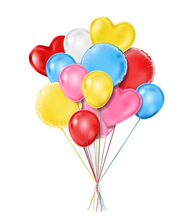 Flying Realistic Glossy Balloons for birthday Party and Celebrations Isolated in White. Realistic Colorful shaped balloons. Vector Illustrationのイラスト素材
