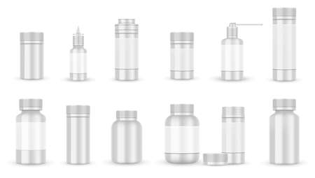 White blank Bottle packaging for pills or capsules isolated. Pharmaceutical medical container and plastic bottle mockup. Vector illustrationのイラスト素材