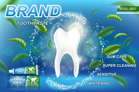 Whitening toothpaste ads, mint leaves background. Tooth model and product package design for dental care poster or advertising. 3d Vector illustration.のイラスト素材