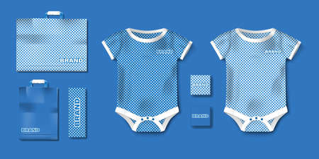 Realistic blue baby bodysuit template isolated. Bodysuit, baby shirt mockup for boy newborn. Branding set of clothes and packaging for kids shop. Vector EPS 10のイラスト素材