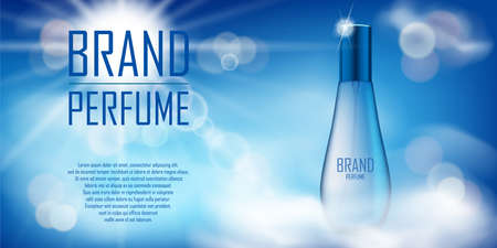 Cosmetic product bottle ad design. Realistic perfume container in cloudy sky background for your brand. Transparent perfume bottle template. Vector 3d illustrationのイラスト素材