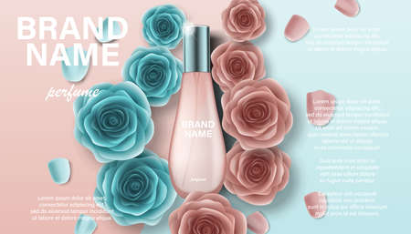 Cosmetics product perfume advertising for your design. Branding package template for catalog, poster. Perfume ad with pink and green rose flowers 3d illustrationのイラスト素材