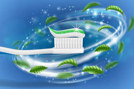 Whitening toothpaste ads, mint leaves background. Tooth model and product package design for dental care poster or advertising. 3d Vector illustration.のイラスト素材