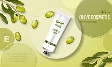 Moisturizing hand cream jar product ad with olive oil. Cosmetic poster ad with green olives and circular disks, realistic tubes. skincare concept design. Vector 3d illustrationのイラスト素材