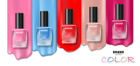 Fashion various colors nail lacquer ads. Nail polish splatter on white background for design Cosmetics and fashion background. 3d illustrationのイラスト素材