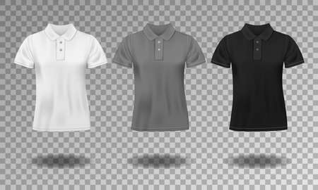 Black, white and gray realistic slim male polo t-shirt design template. Set of short sleeve t-shirts for sport, men classic polo. Vector illustrationのイラスト素材