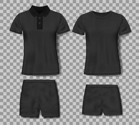 Black realistic slim male polo shirt and sport shorts design template. Set of t-shirts for sport, men classic polo. Vector illustrationのイラスト素材