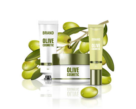 Moisturizing cream jar with milk lotion, face, body and hand cream with olive oil. Cosmetic poster ad with green olives background. Isolated cosmetic package design. Vectorのイラスト素材