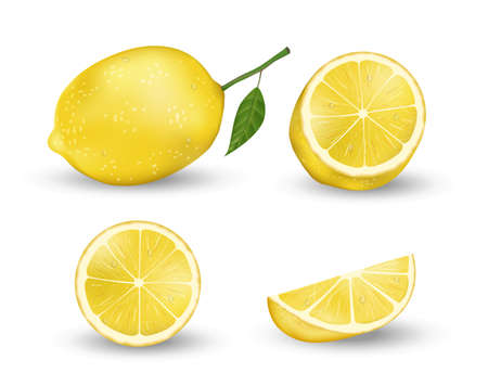 Realistic set of Lemon elements. Fresh yellow lemon isolated on white background with green leaves. Vector 3d illustrationのイラスト素材