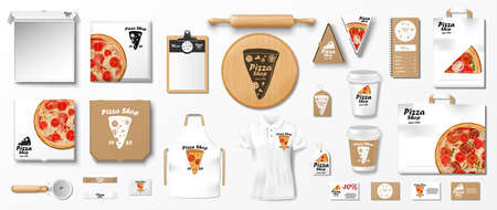 Mockup set for pizzeria, cafe or restaurant. Realistic branding set of poster, pizza slice box, uniform, cardboard package. Pizza mockup elements. vector illustrationのイラスト素材